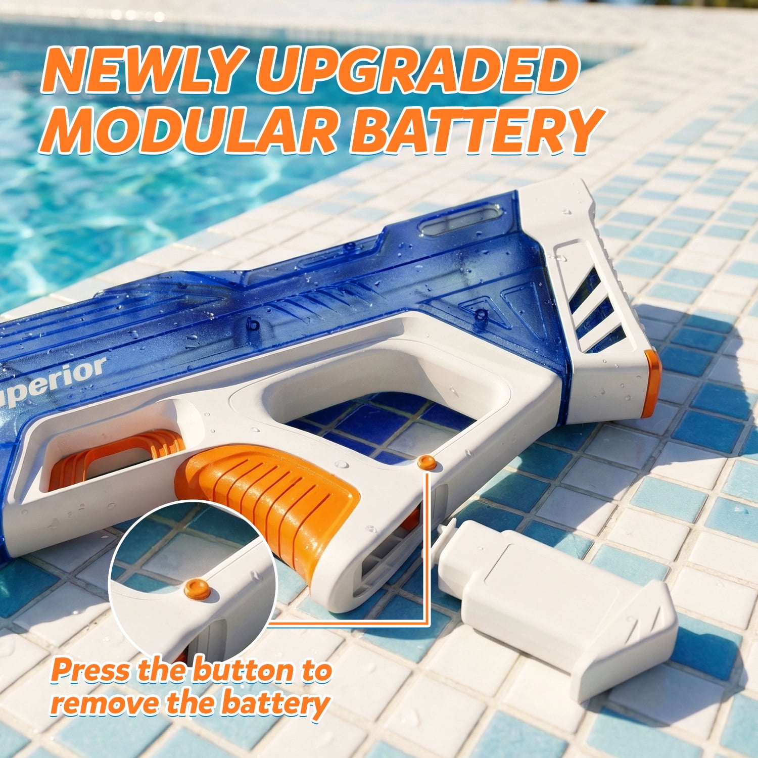 WonderStone Electric Water Blaster, Modular Battery Powered Automatic Waterproof Water Machine with Light, 32 Ft Long Range, Pool & Beach Outdoor Party Toy for Kids Ages 8–12, Blue