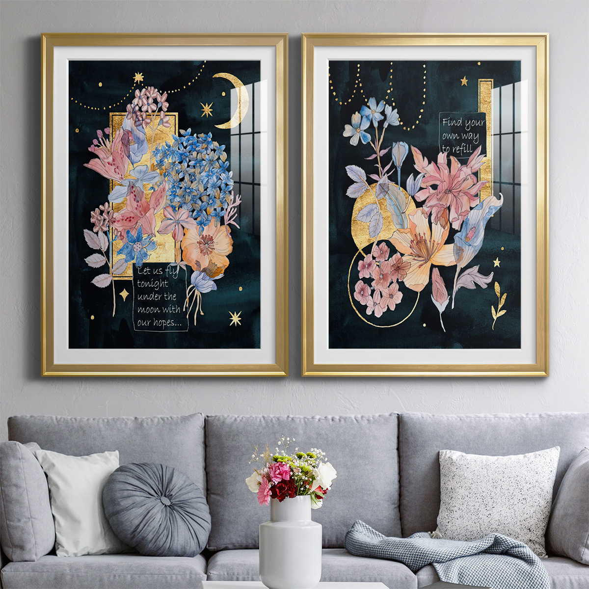 Wexford Home Moonlight Flowers I Premium Framed Print, 30.5" x 42.5" - Ready to Hang, Gold (Set of 2)