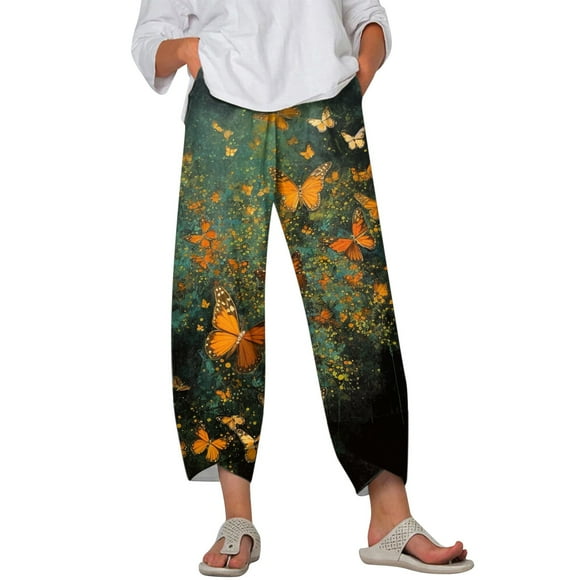 TSADFHJI Long Skirts for Women Black Women's Capris Casual Pants Summer Printed Short Cotton Pants Comfortable Loose Pants with Pockets Xl Green