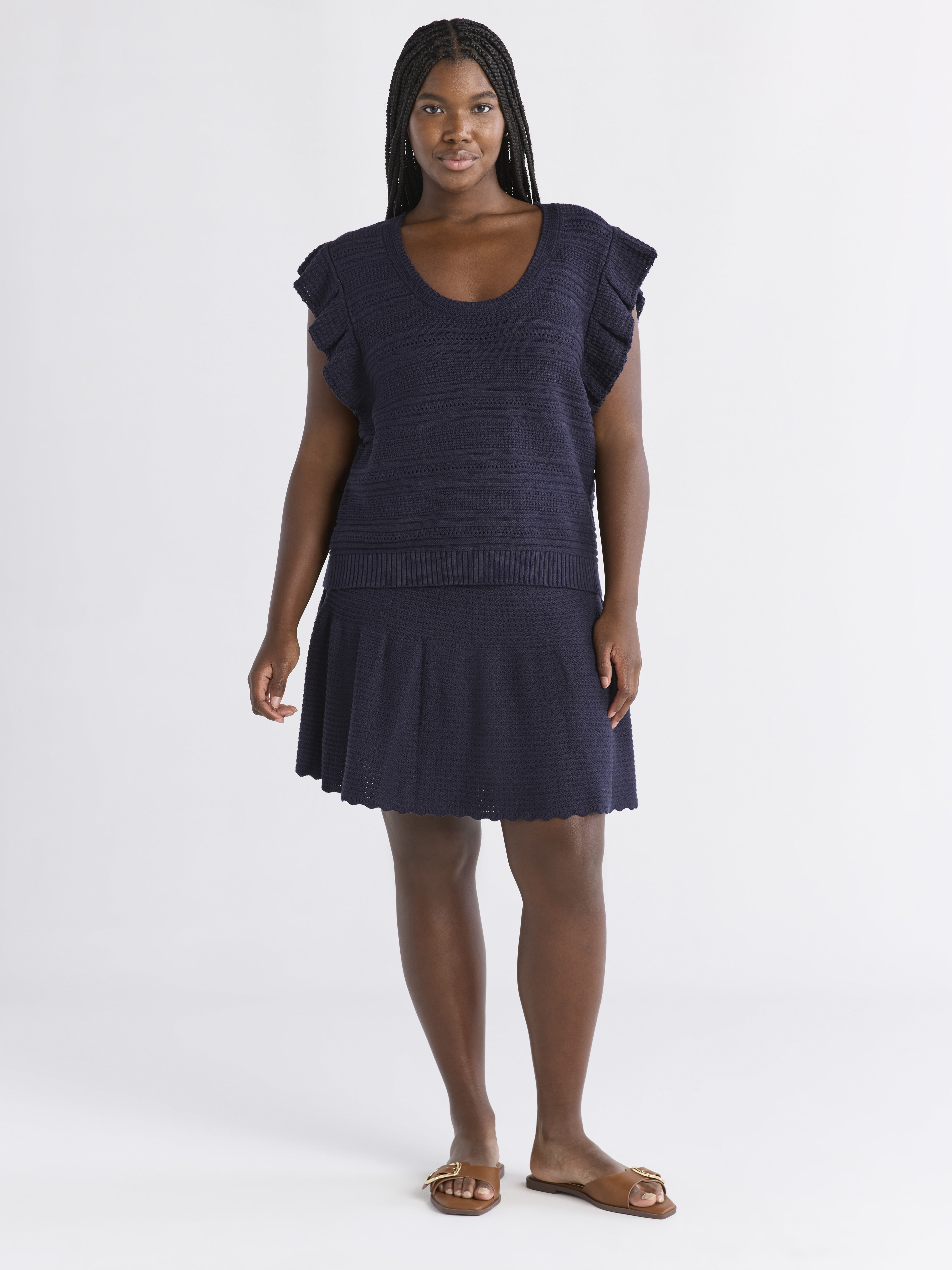 Free Assembly Women's and Women's Plus Size Pointelle Sweater Tank Top with Flutter Sleeves, Lightweight, Sizes XS-4X