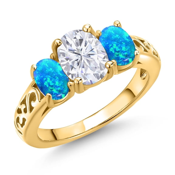 Gem Stone King 18K Yellow Gold Plated Silver White Moissanite and Blue Opal Filigree Style 3 Stone Ring for Women (2.50 Cttw, Oval 8X6MM and 6X4MM) (Size 7)