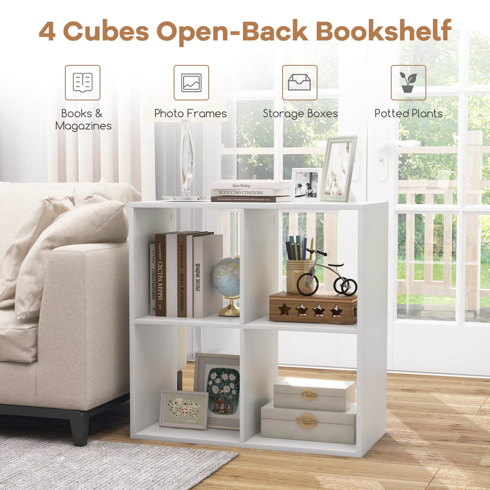Costway 4-Cube Open Bookshelf with Anti-tip Kits Home Modern Style Storage Shelf for Study White