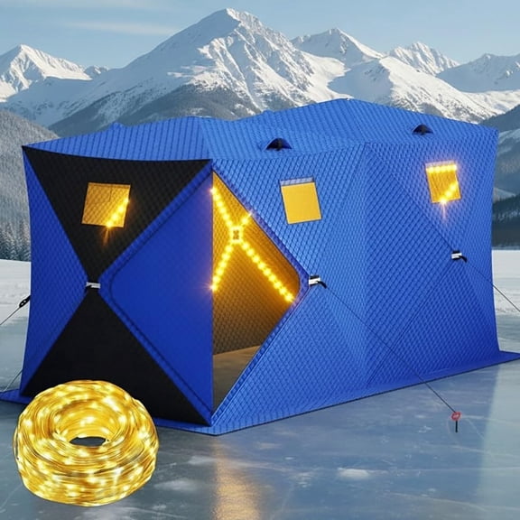 Pop Up Ice Fishing Shelter with LED Light Strip, Windproof Insulated Ice Fishing Tent Portable Hub Frame for 6-8 Person Winter Ice Fishing, Blue Black