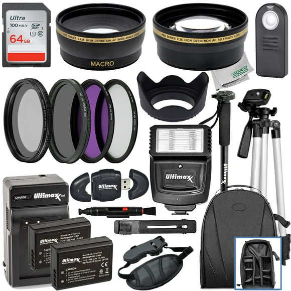 Ultimaxx 58MM Accessoire Kit pour Canon EOS Rebel T7, T6, T5, T3, T100, 4000D, 3000D, 2000D, 1500D, 1300D, 1200D 1100D, et Plus; Comprend: 2x LP-E10 Batteries, Kits de Filtres, Sac à Dos et Plus