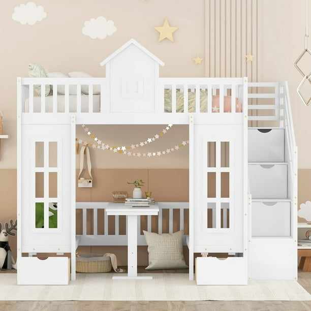 Twin Over Twin Bunk Beds with Stairs, Wood Loft Bed with Desk and Seat