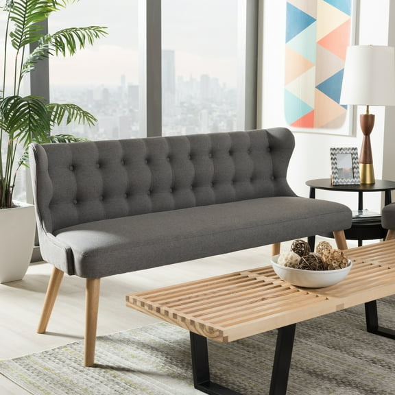 Modern 3 Seater Settee Bench - Grey Fabric Mid Century Design Sofa