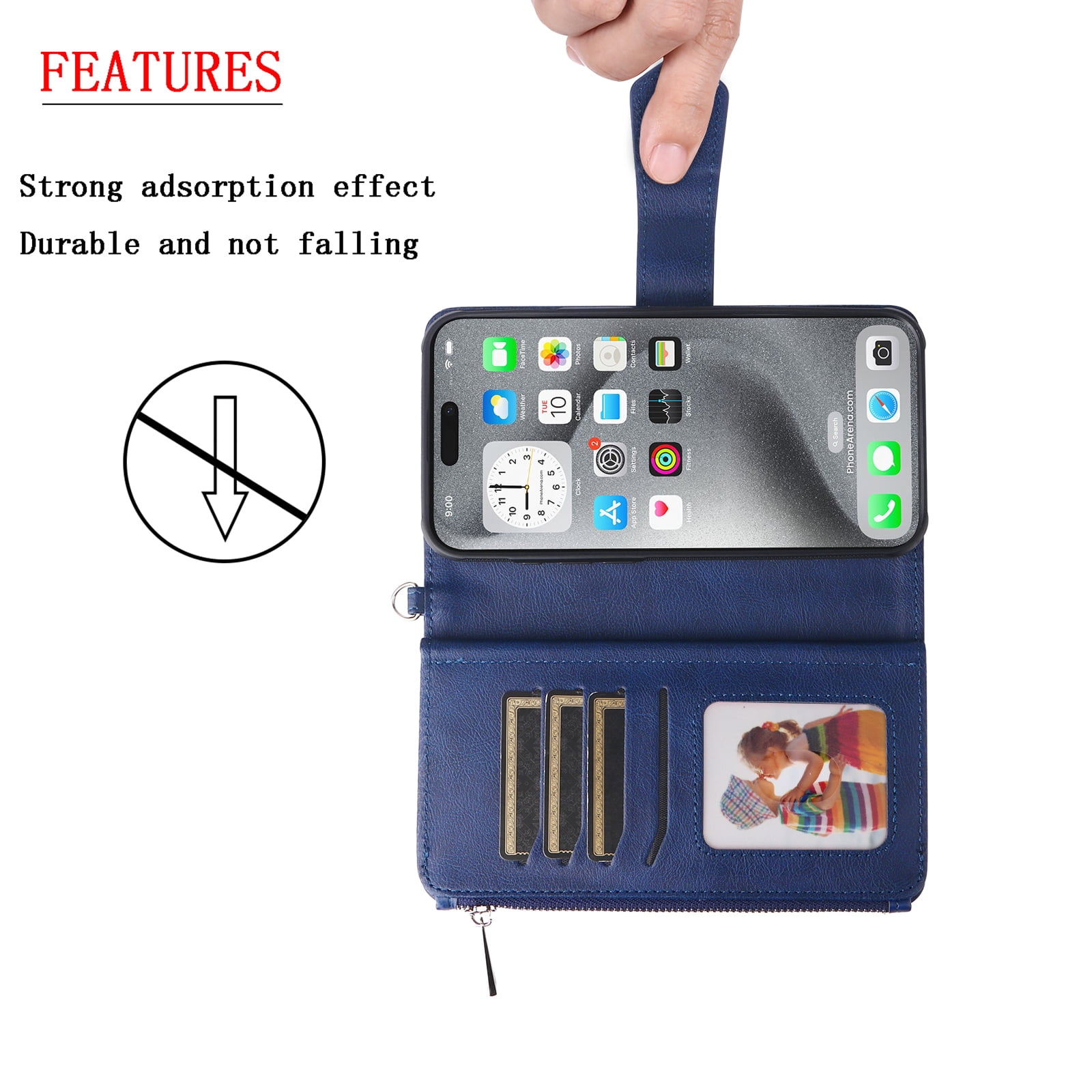 Dteck for iPhone 16 Wallet Case, 2 In 1 Detachable Protective Phone Case Women Men Kickstand flip Cover Wrist Strap Zipper Credit Card Holder Slots for iPhone 16,Blue