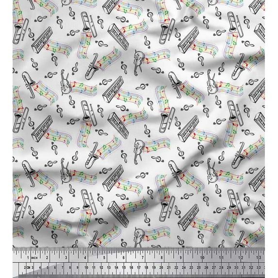 Soimoi Polyester Crepe Fabric Notes,Piano & Guitar Musical Instrument Print Fabric by The Yard 42 Inch Wide