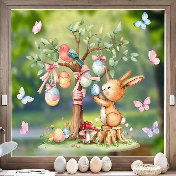 Pegatina para ventana con forma de conejito de Pascua y árbol | Bonita calcomanía electrostática para vidrio y paredes | Decoración primaveral multicolor | 60 x 60 cm