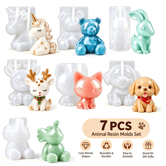 7-Piece 3D Animal Resin Mold Set, Silicone Casting Molds for Epoxy and Stone Powder