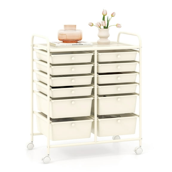 Gymax 12-Drawer Rolling Storage Cart w/ 2 Sizes Plastic Drawers White
