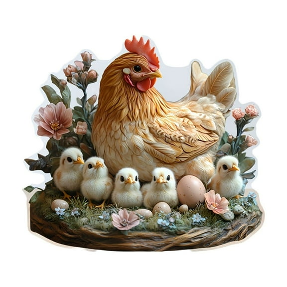 Acrylic 2D Flat Hen and Chicks Decor，Flat Animal Statue for Indoor Outdoor Yard Lawn Pot Plant Decorative Accessories
