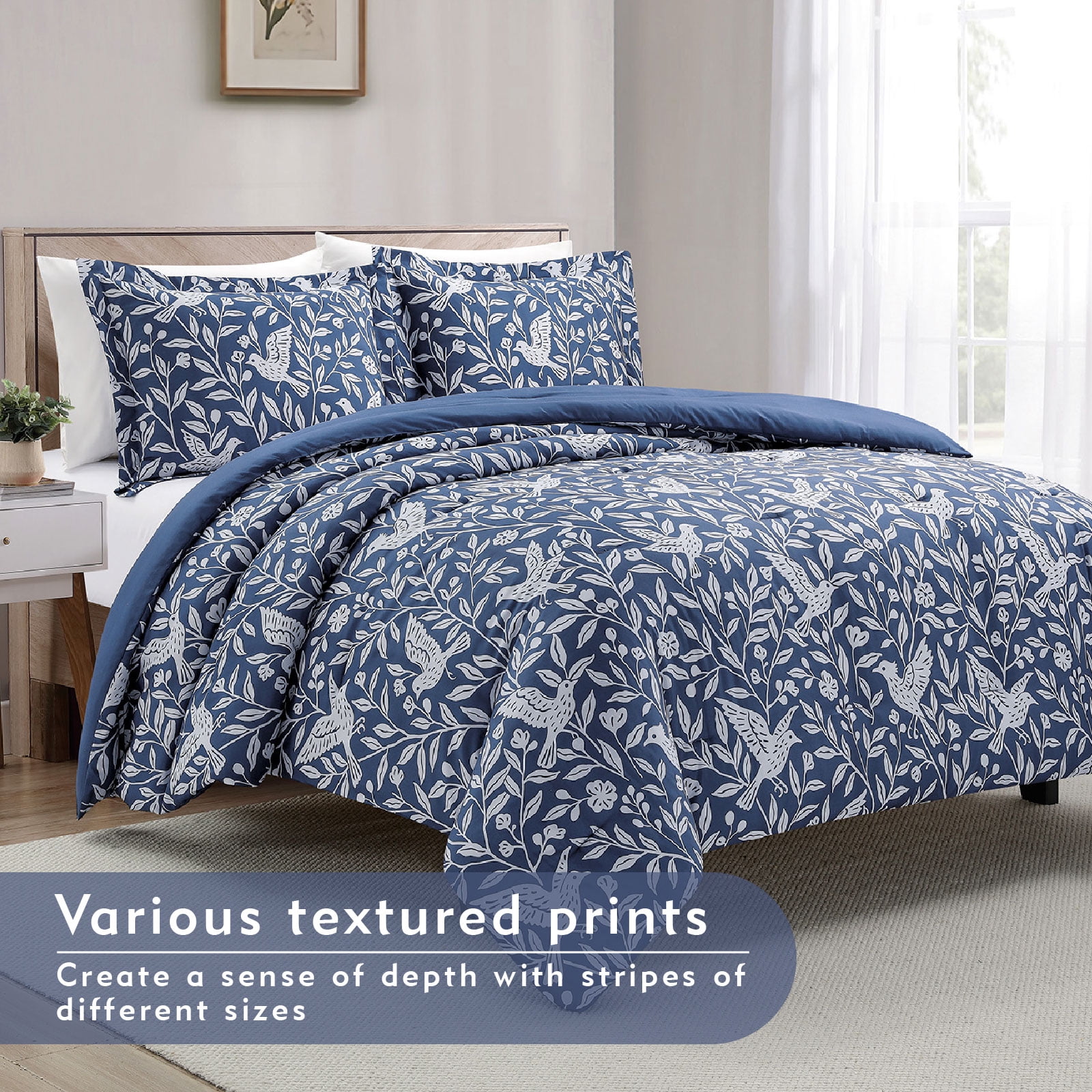 Notticasa 3-Piece Printed Comforter Sets,Navy,Queen,Features a Floral and Peacebird Design, Including a Quilt Cover and Pillowcases