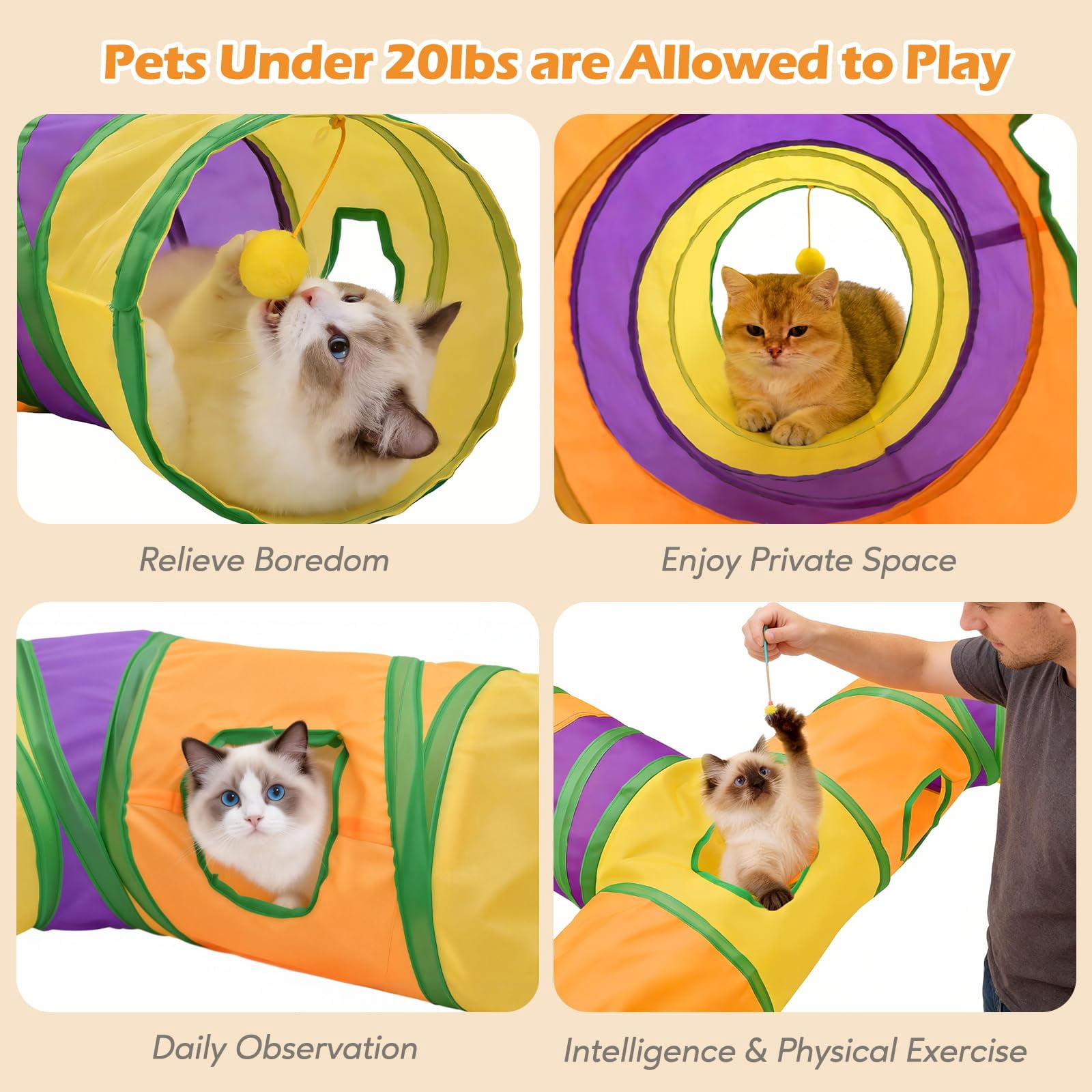 Petizer Collapsible Cat Tunnel Toy, Washable & Tear-Resistant Interactive Pet Tube with Dangling Ball for Indoor Cats and Kittens
