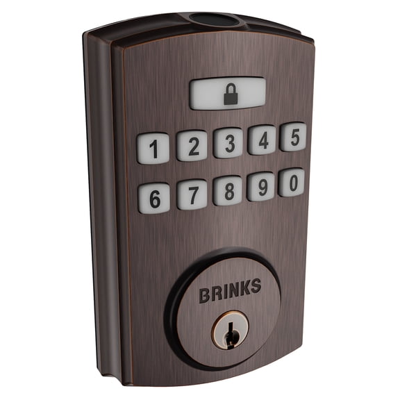 Open Box Brinks Electronic Fingerprint/Keypad Deadbolt Lock with Pro-Guard, Transitional, Tuscan Bronze