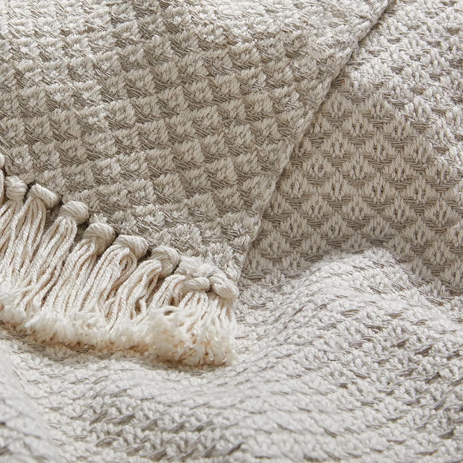 Americanflat 50x60 Throw Blanket, 100% Cotton with Fringe, Cream Beige Birds Eye, all seasons blanket