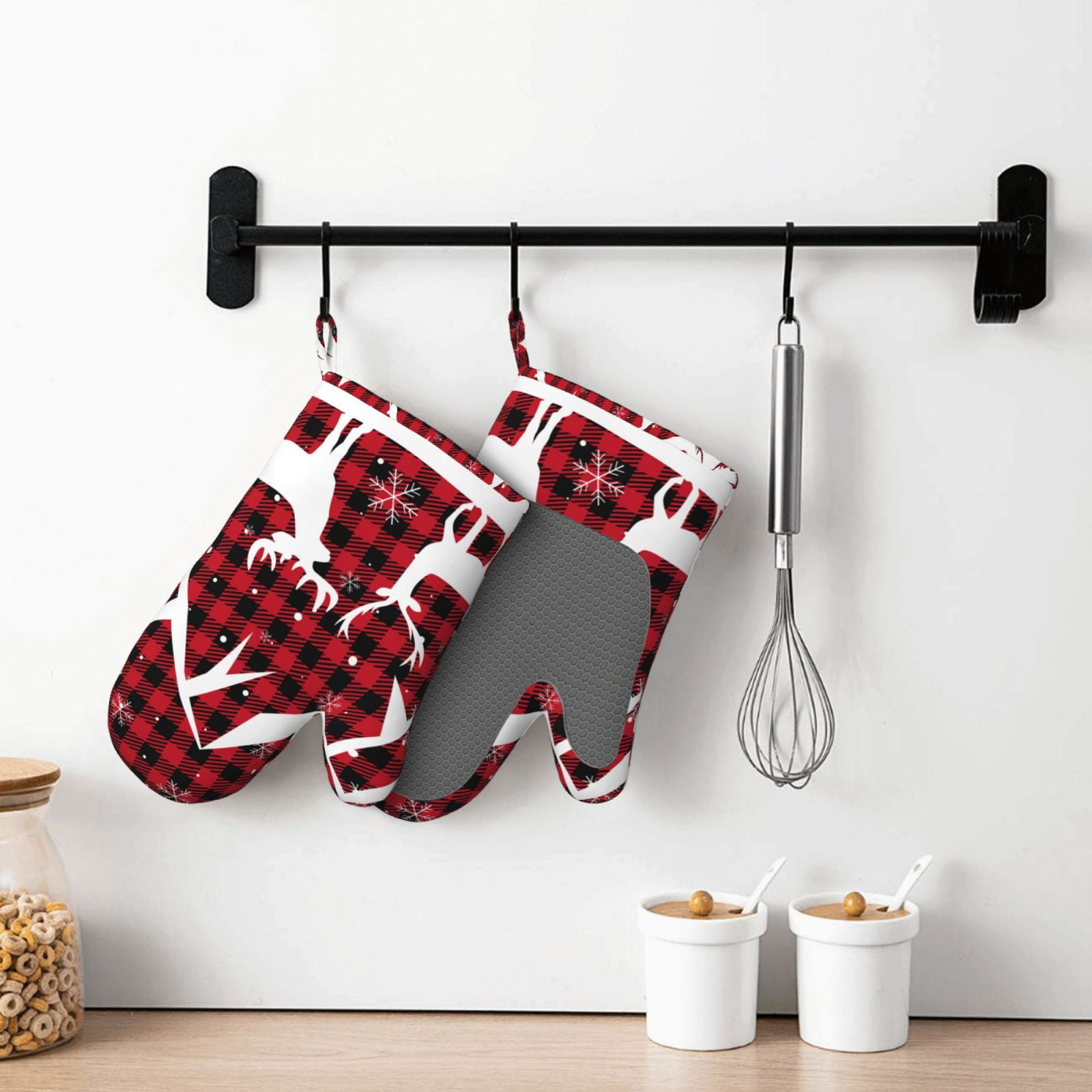 Hirioo Christmas Buffalo Plaid for Silicone Oven Mitts for BBQ, Baking, Cooking, Set of 2, Heat Resistant 260℃, Non-Slip Kitchen Essentials