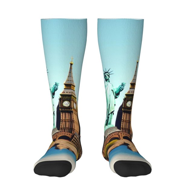 Fotbe Iconic Global Landmarks Calcetas Divertidas Estampadas para Hombre y Mujer, Calcetas de Algodón hasta la Rodilla para Caminar, Correr, Enfermería y Embarazo