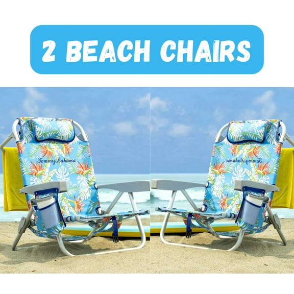 Tommy Bahama Backpack Folding Reclining Polyester Beach Chair Set of 2, Blue Floral