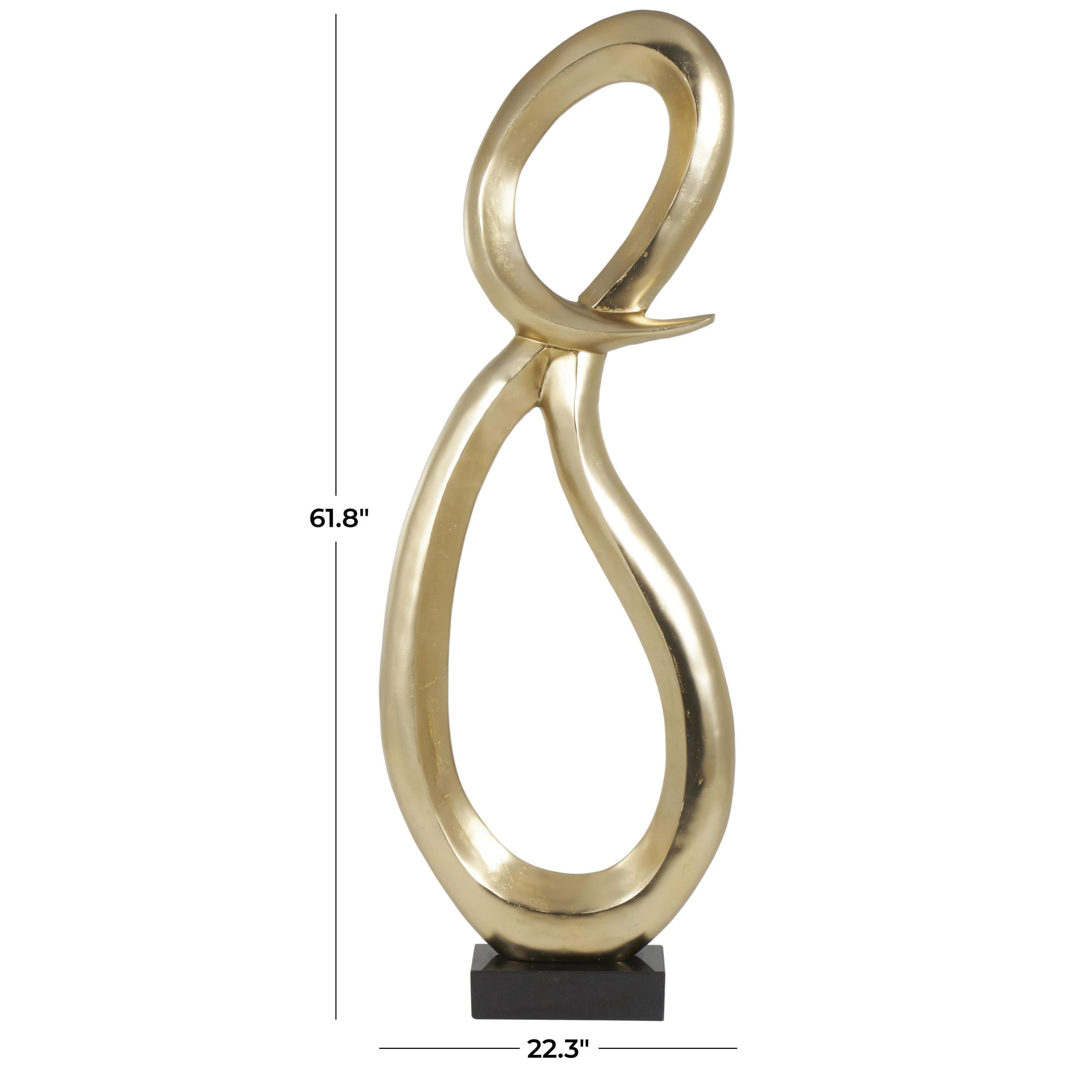 22" x 62" Gold Aluminum Metal Tall Looped Floor Abstract Sculpture with Black Marble Base, by DecMode