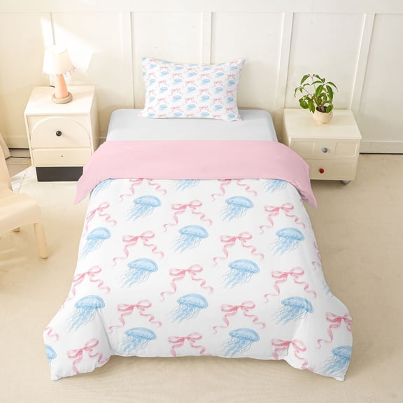 spefrowx Kawaii Blue Jellyfish Twin Duvet Cover for Girls, Pink Watercolor Bow Ribbon Twin Bedding, Pink Reversible, 2pcs, 1 Duvet Cover and 1 Pillowcase
