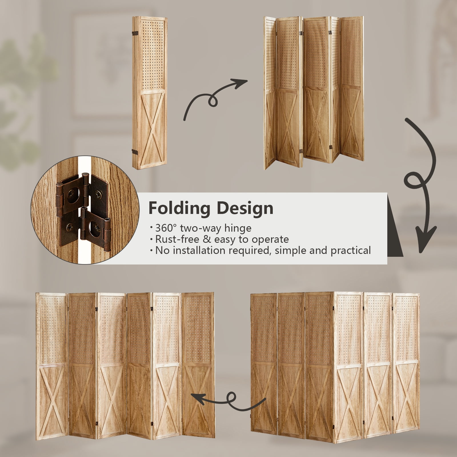 Aletheiawu 6 Panel Wood Room Divider Folding Portability Privacy Screens, No Installation Required, Light Brown