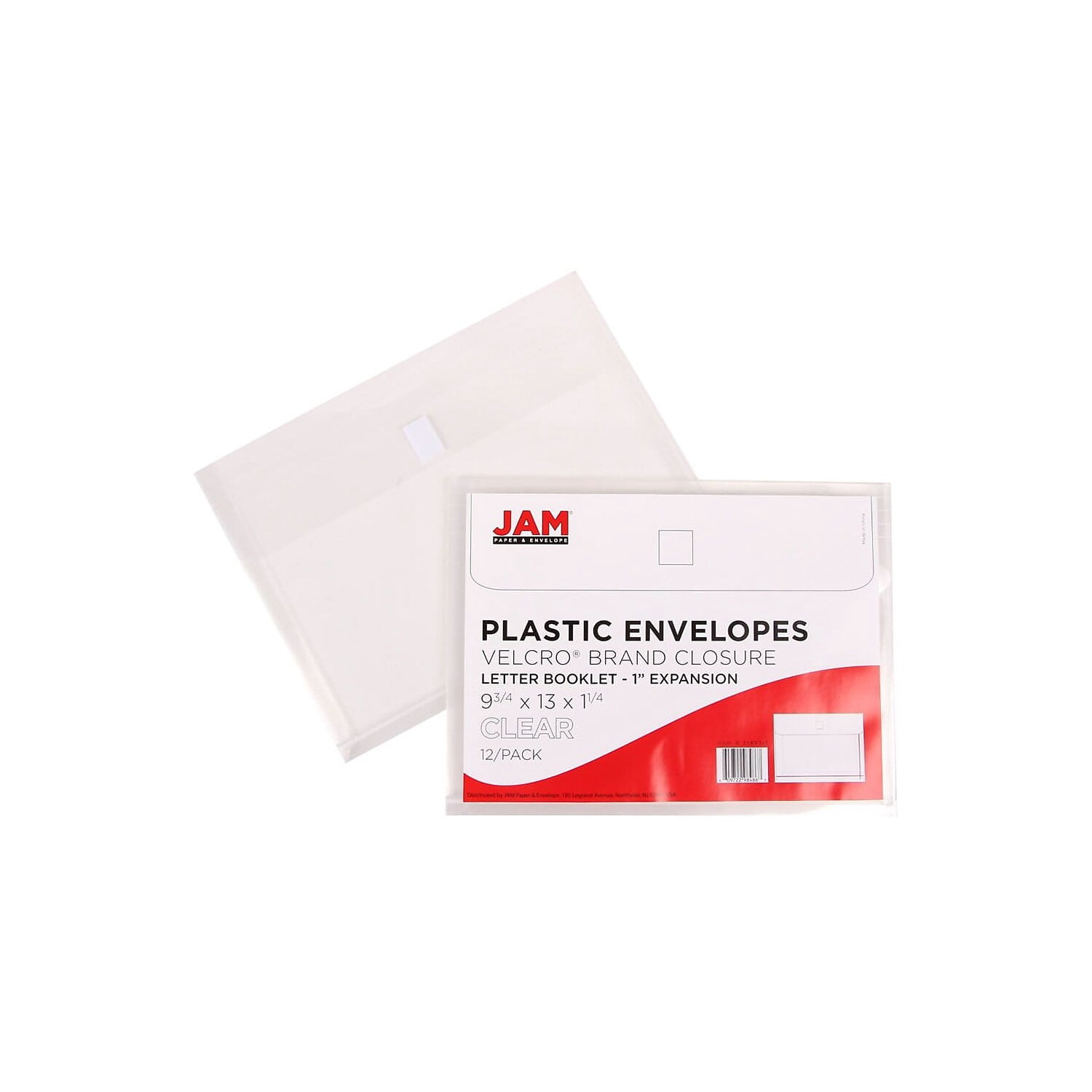 JAM Plastic Hook and Loop Envelopes, 9.8" x 13" x 1", 12 Per Pack, Clear, 1 Inch Expansion