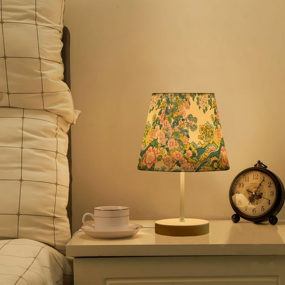 Yayeee Mini Table Lamp 10.8" Dimmable with Fabric Shade 3 Color Temperatures, Pink Floral Wave