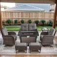 thumbnail image 2 of POCASSY 7 Pieces Fire Pit Table Set Patio Furniture with Glider Loveseat, All Weather Outdoor Conversation Set with Cushioned Patio Loveseat and Patio Swivel Chairs, Brown Wicker Gray Cushion, 2 of 18