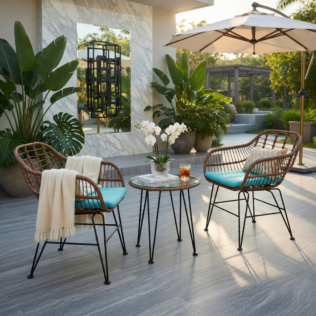 Hommoo 3-Piece Outdoor Rattan Bistro Set with Cushions, Brown Wicker, Tempered Glass Table & Removable Cushions for Patio, Balcony, Poolside, Turquoise