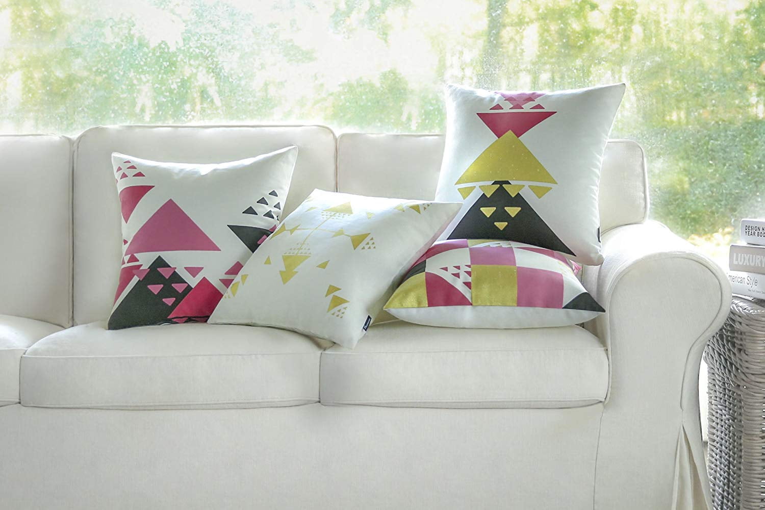 Phantoscope Geometric 100% Cotton Series Decorative Throw Pillow Cover, 18" x 18", Pink/Gold, 4 Pack