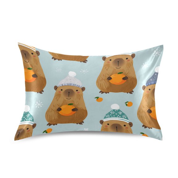 Hand Painted Capybara with Oranges Christmas Satin Pillowcase Envelope Design Pillow Covers 1 Pack Standard Size 20" x 26"
