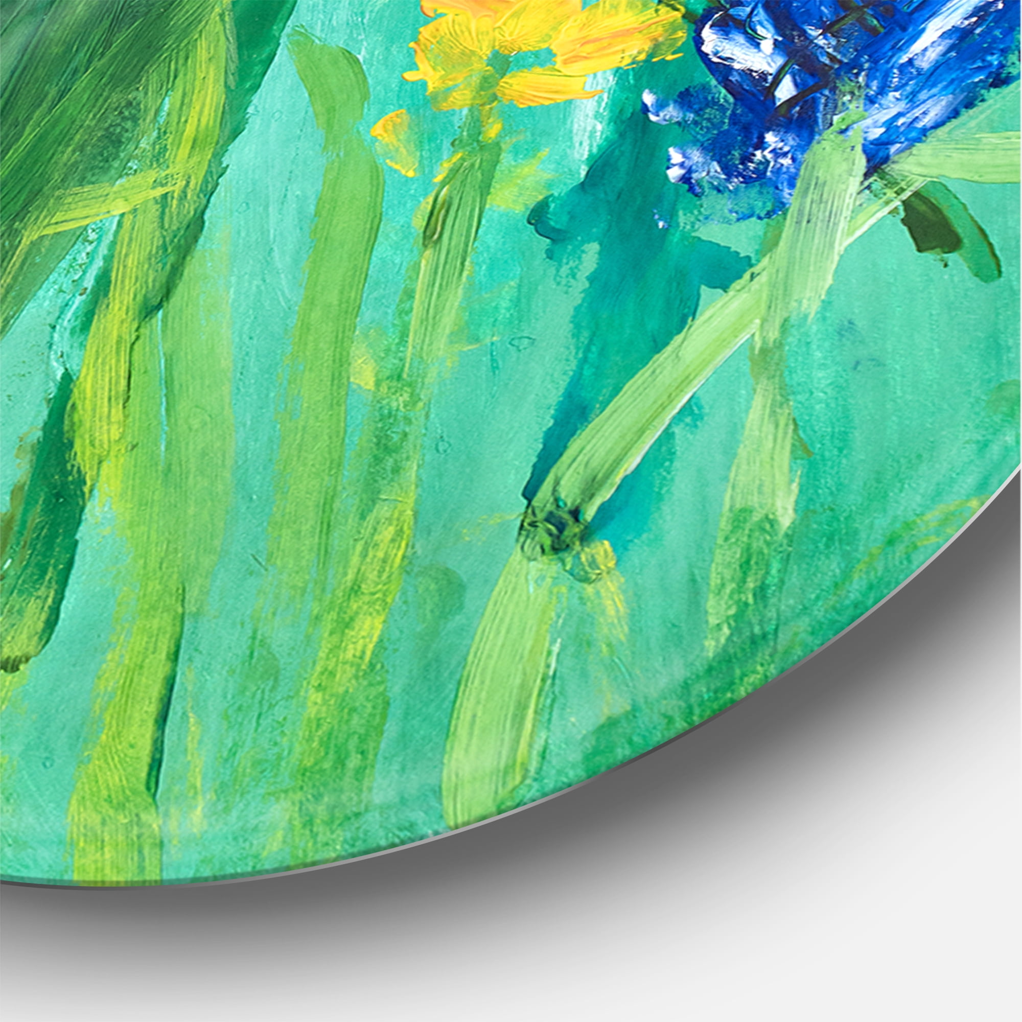 Designart 'Yellow and Blue Wild Flowers and Grass Gouache' Traditional Circle Metal Wall Art 29x29 - Disc of 29