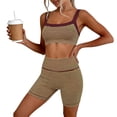 thumbnail image 4 of BODOAO Women's Workout Set 2 Piece Square Neck Striped Crop Tank Top High Waisted Biker Shorts Athletic Yoga Gym Fitness Outfit Stretchy Activewear Summer Training Clothes Brown M, 4 of 5