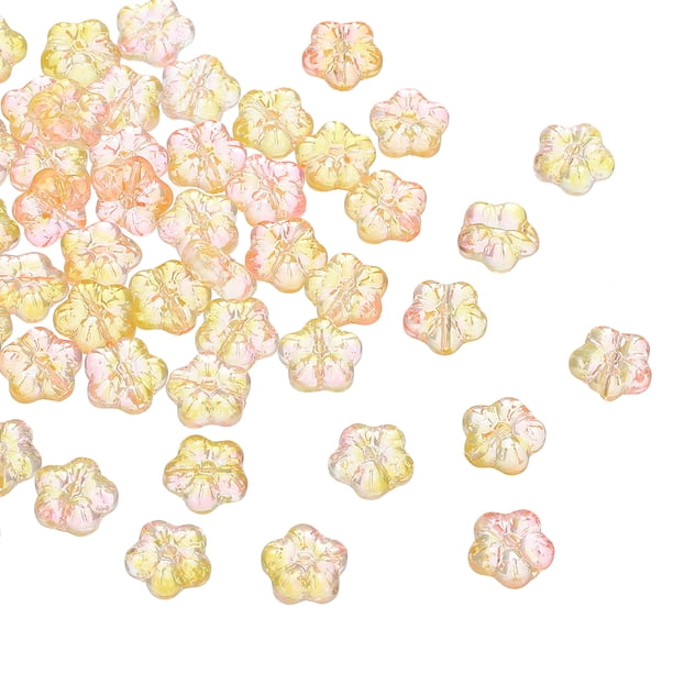 Uxcell Perlas de Flor de Vidrio Aleatorias Transparentes Perlas de Hibisco Amarillo/Rosa