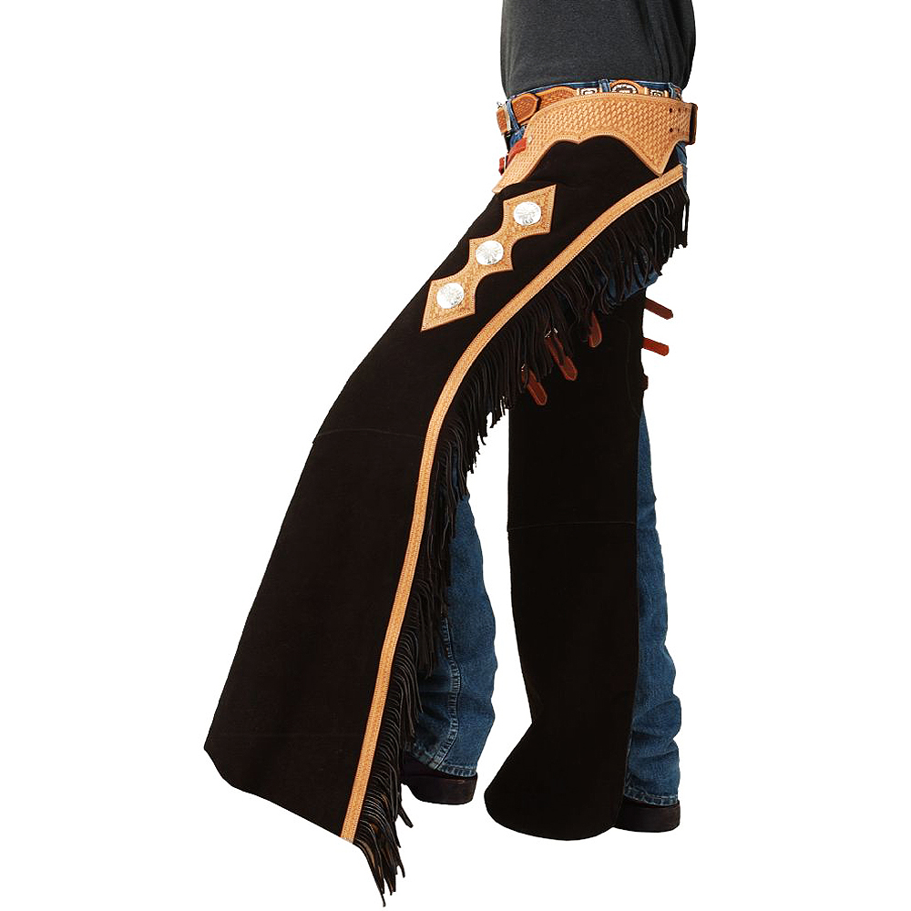 Small Tough1 Western Bull Riding Pro Rodeo Suede Leather Cutting Chaps Black