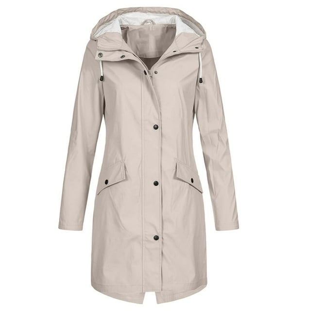 DPTALR Women's Solid Color Rain Jacket Outdoor Hooded Waterproof Windproof Long Coat