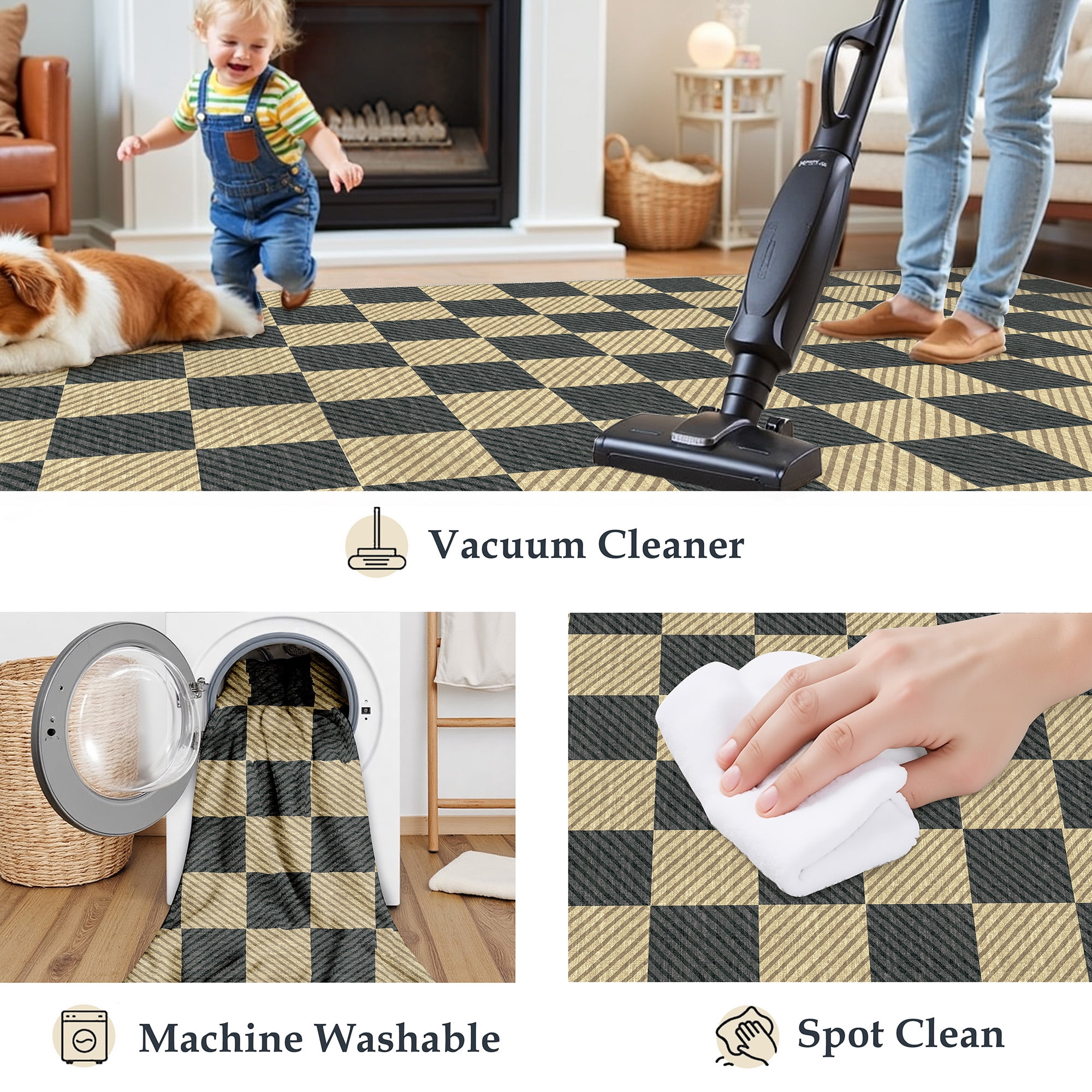 WIPONKEN 5'x7' Area Rugs for Living Room Modern Checkered Black and Brown Rugs for Bedroom Kitchen Non Slip Washable Geometric Contemporary Carpets for Home Office Dining Room Throw Rugs
