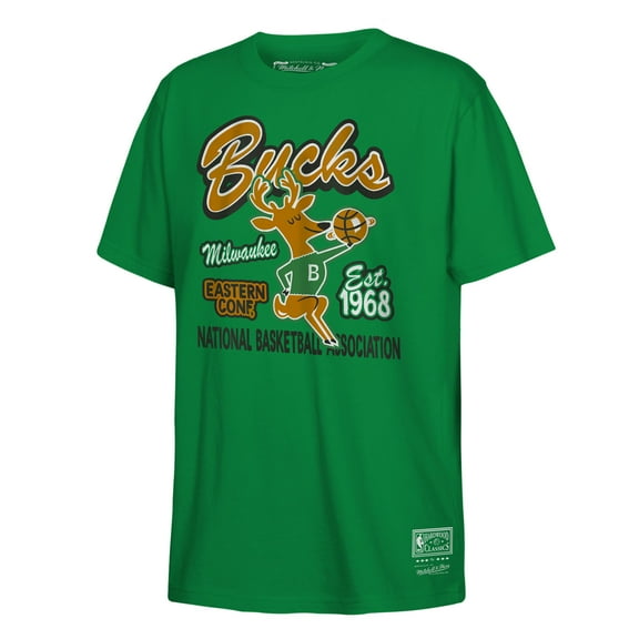 Youth Mitchell & Ness Kelly Green Milwaukee Bucks Retro Mascot Script T-Shirt