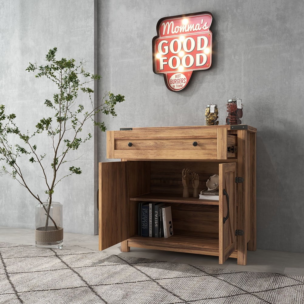 Kadyn Modern Farmhouse Double Barn Door Accent Cabinet, Wood Kitchen Storage Cabinet for Living Room, Entryway Storage Cabinet with Drawer, Light Brown