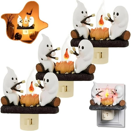 

2024 Halloween Ghost Campfire Flickering Nightlight - Ghost Roasting At Campfire Nightlight LED Fake Campfire Night Lights Plug into Wall 3D Spooky Night Light Halloween Campfire Decoration(3 PCS)