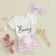 thumbnail image 5 of Infant Baby Girl Easter Outfits Short Sleeve Romper Bunny Onesie + Pompom Shorts Bloomers + Headband 3Pcs (Pink, 6-12 Months), 5 of 9