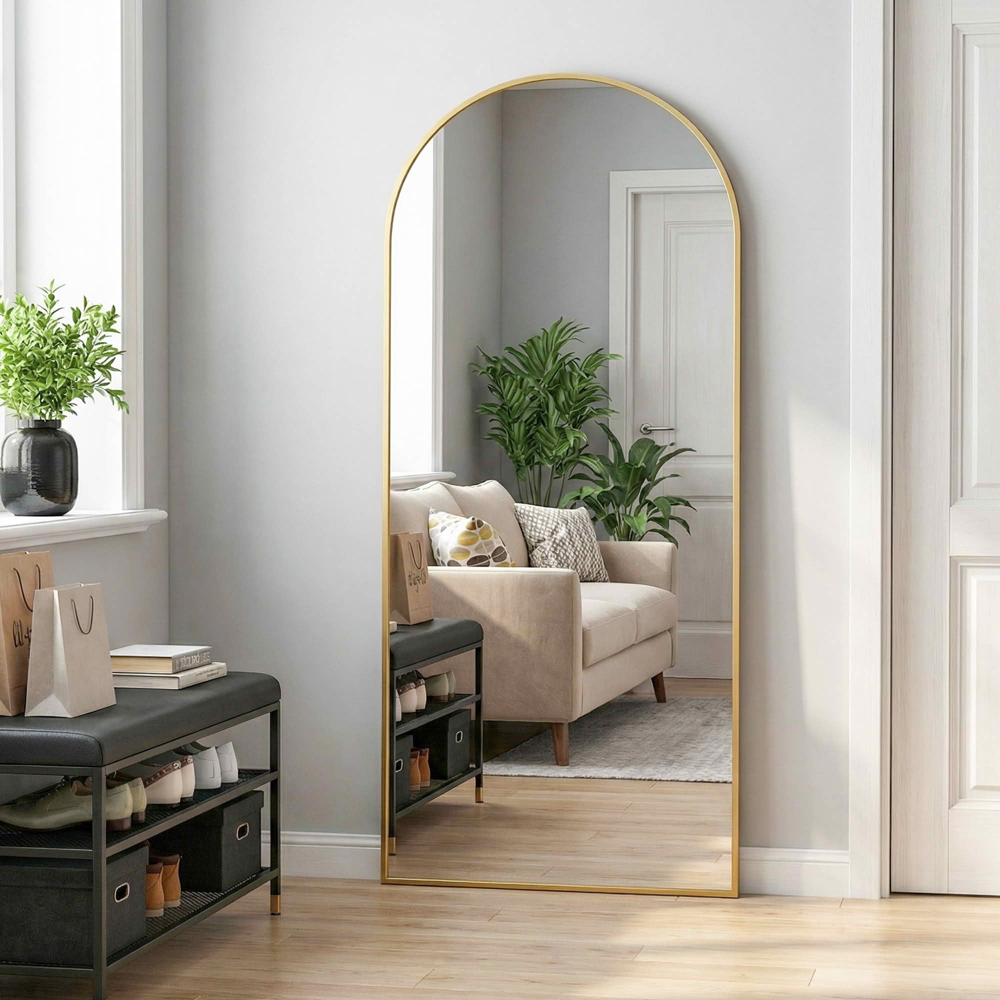 MAYEERTY 75x36x1 Inch Gold Thin Edge Aluminum Right Angle Arched Full Length Mirror with Stand for Bedroom