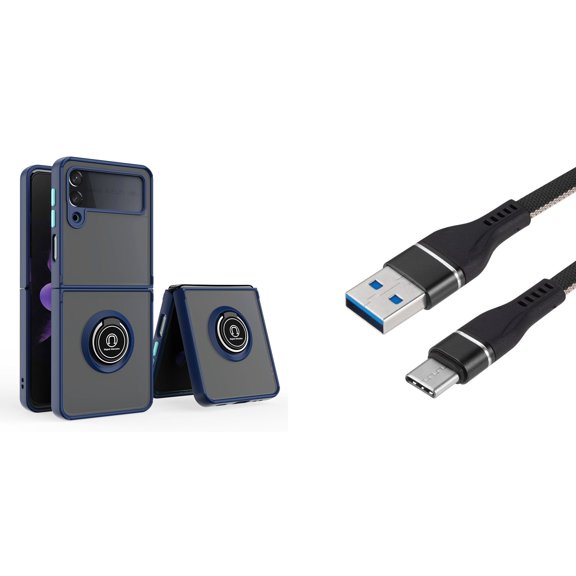 Bemz Accessory Bundle for Samsung Galaxy Z Flip 3: Magnetic Mount Ring Stand Transparent Hybrid Case (Deep Blue), Nylon Braided USB-C to USB-A Cable (3 Feet)