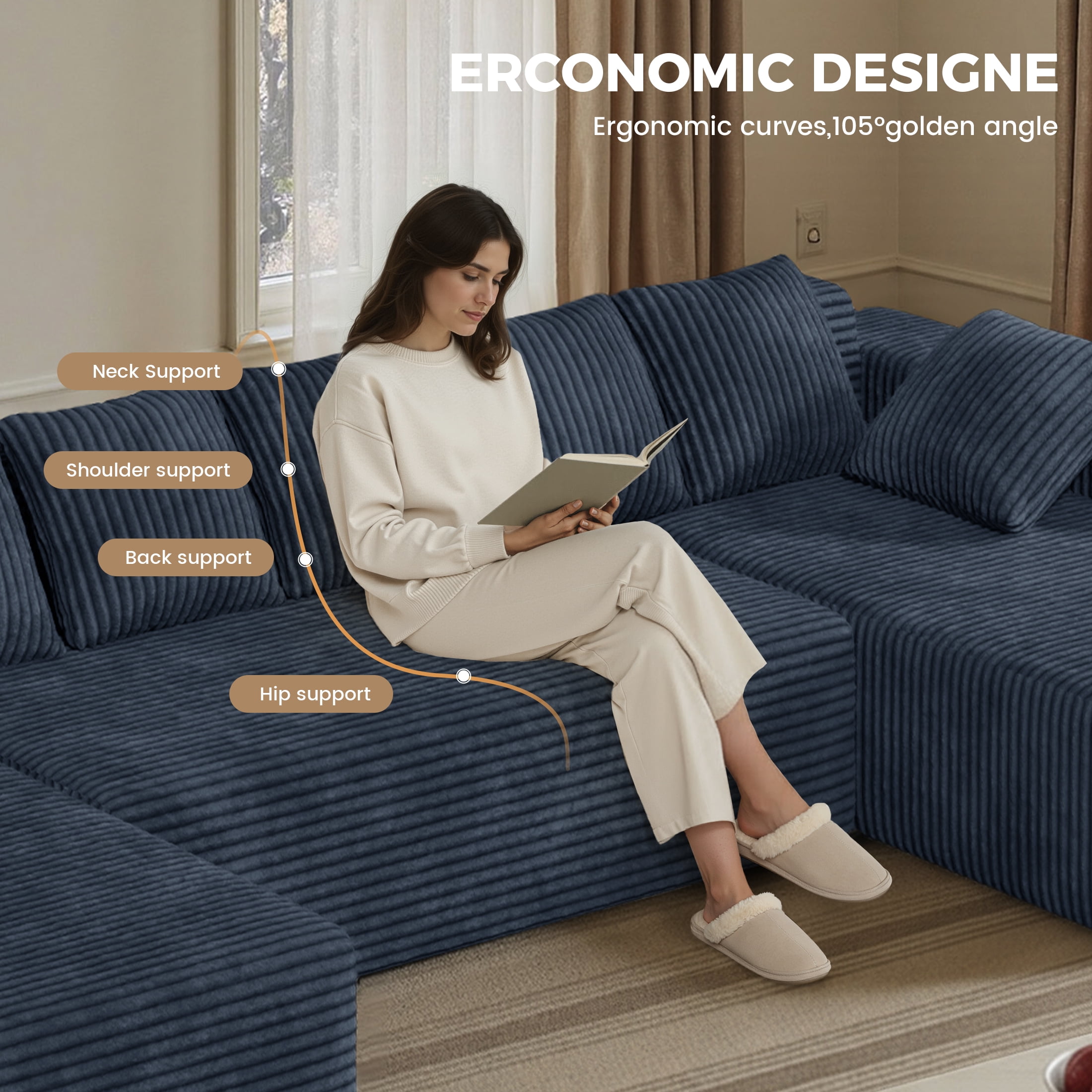 Daluvenix 131'' Modular Sectional Couch Modern U-Shaped Floor Sofa with Double Chaise Lounge Free Combination Luxury Couches for Living Room Gray