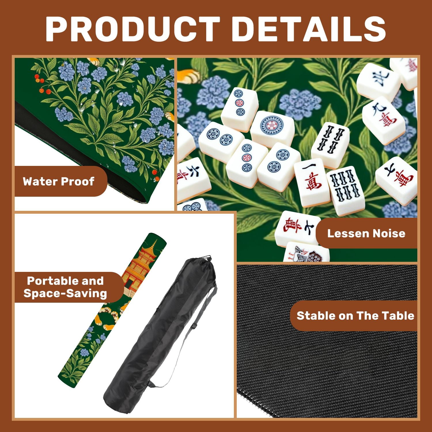 Mahjong Mat 31.5" x 31.5" Twin Tigers Chinese Pagoda Floral Details Green Non-Slip Noise Reduction American Mahjong Tiles Table Cover for Dominoes Poker Card Board Games Gift