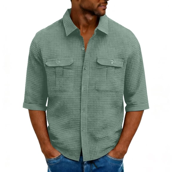 DAFPZW Mens Casual Waffleknit Shirt 3/4 Sleeve Button Down Collared Summer Shirts Loose Fit Hawaiian Beach Shirts with Pockets