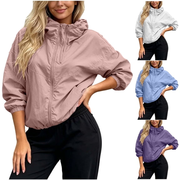 Agkizg Women's Short Hooded Zip Up Jacket Loose Fitting Long Sleeve Solid Color Casual Coat with Side Pockets