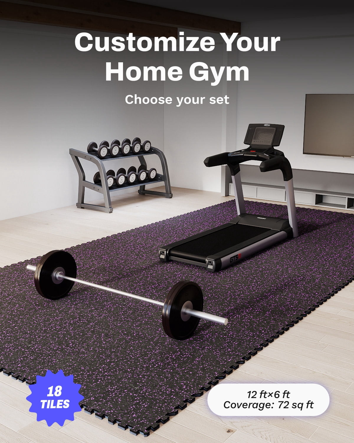 AIRHOP 0.79in Thick 72 Sq Ft Exercise Equipment Mats, 18 Tiles Upgraded Rubber Top with High Density EVA Foam, Large Interlocking Puzzle Gym Flooring for Home Gym, Heavy Weight Workout,Black & Purple