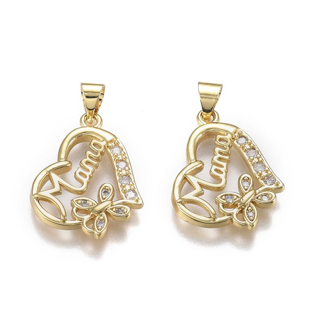 Brass Micro Pave Clear Cubic Zirconia Pendants with Snap on Bails for Mother's Day Long-Lasting Plated Heart with Word Mom Real 18K Gold Plated 20x15.5x2.5mm Hole: 5mm